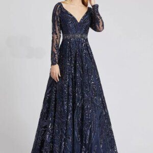 NEW Mac Duggal Navy Blue Damask Sequin Beaded Long Sleeve Ball Gown Size 20 $598